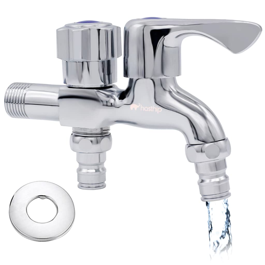 HASTHIP 2 in 1 Brass Dual Tap for Washing Machine, Two Way Tap for Washing Machine, Washing Machine Taps with Wall Flange, Hrome-Plated Copper, for Bathroom/Kitchen (Silver) HASTHIP 2 in 1 Brass Dual Tap for Washing Machine, Two Way Tap for Washing Machine, Washing Machine Taps with Wall Flange, Hrome-Plated Copper, for Bathroom/Kitchen (Silver)